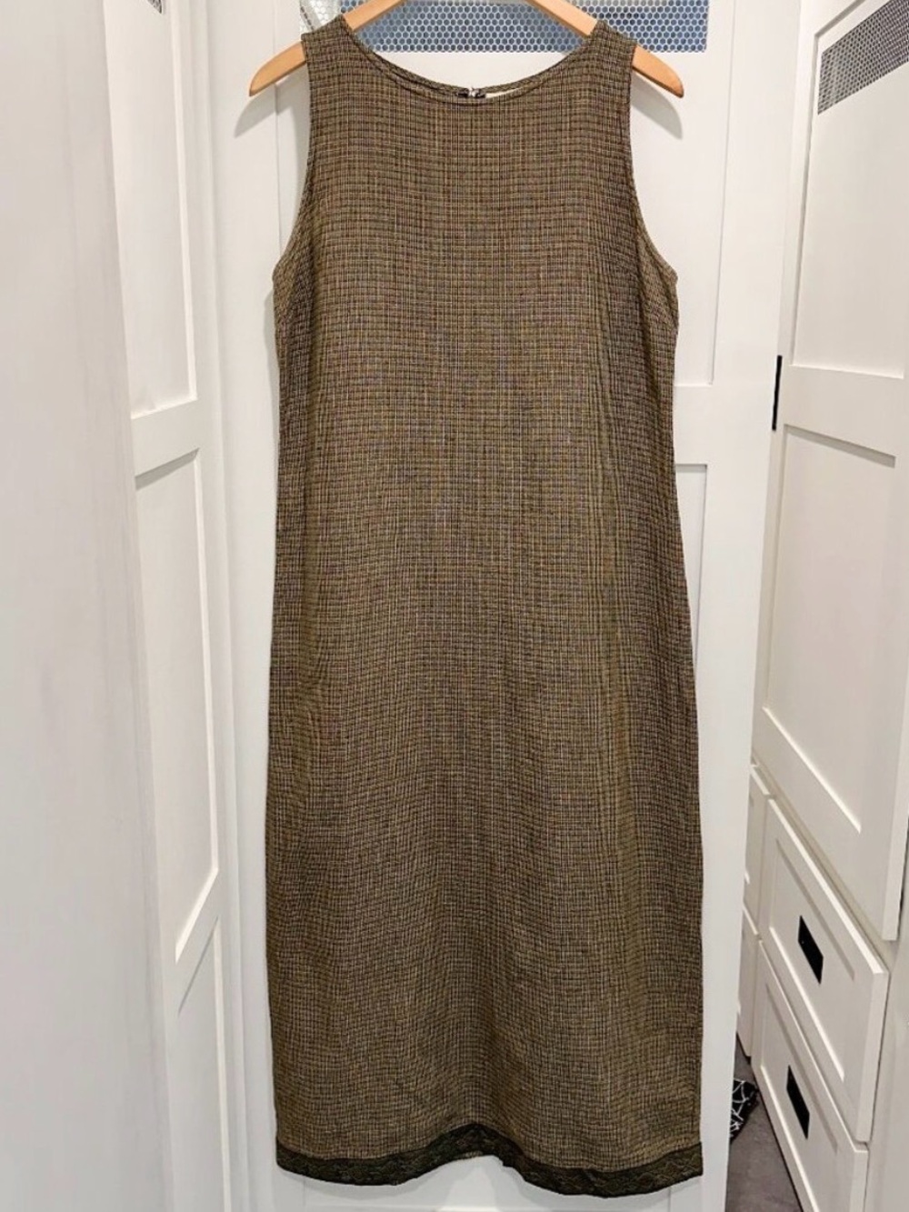 100% Linen Teacher Straight Dress Tan Plaid Checkered Cottagecore